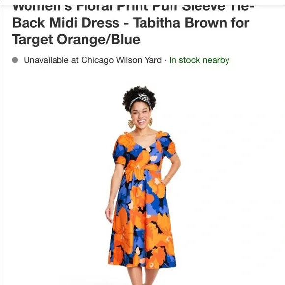 Women's Floral Print Puff Sleeve Tie-Back Midi Dress - Tabitha Brown for Target Orange/Blue 14